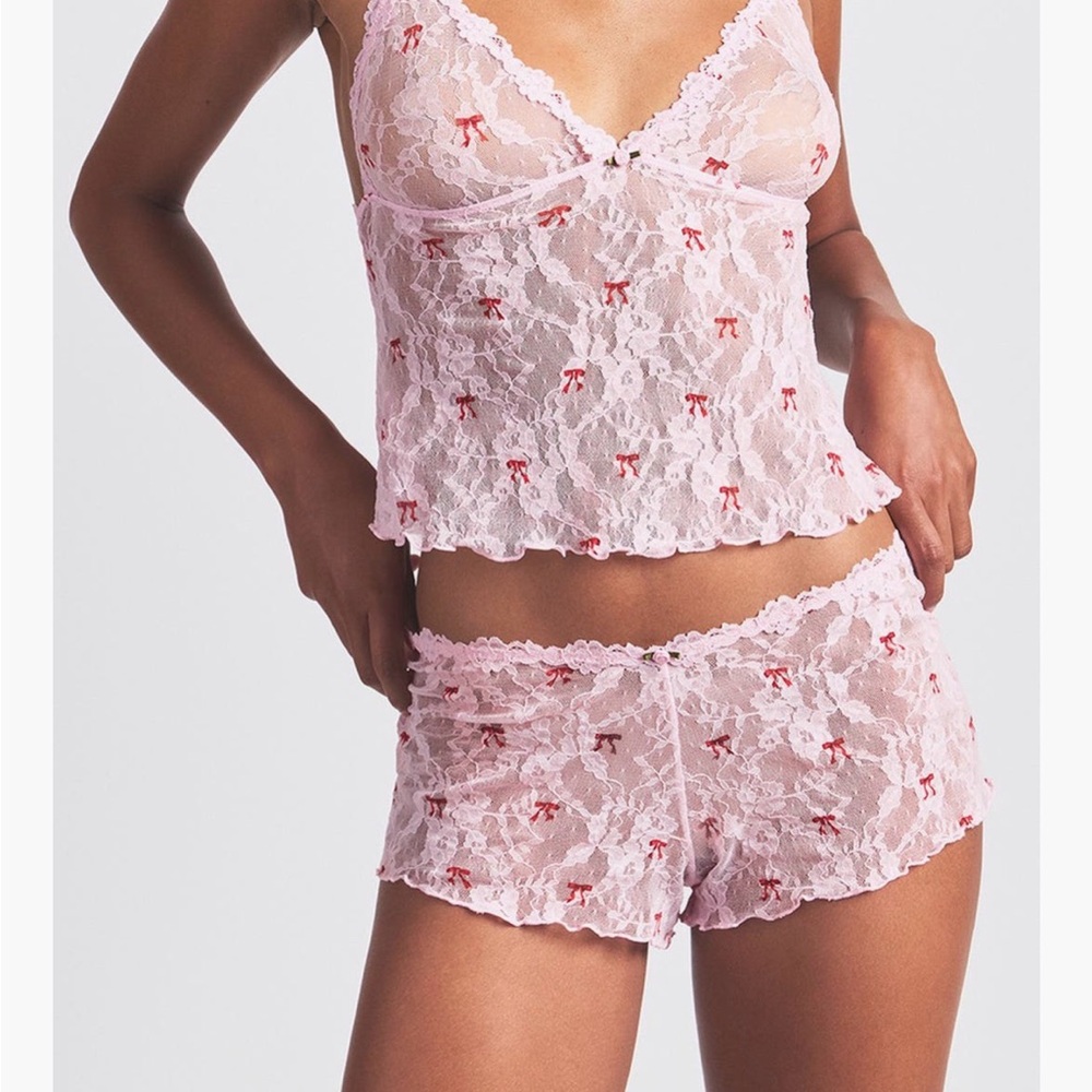 SKIMS Pink Lace Chemise and Shorts Set